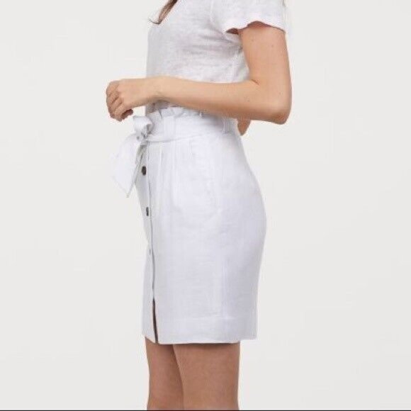 H&M Skirt 4 White Paperbag Linen Belted Tie Front Side Pockets Lined Button - Picture 2 of 12